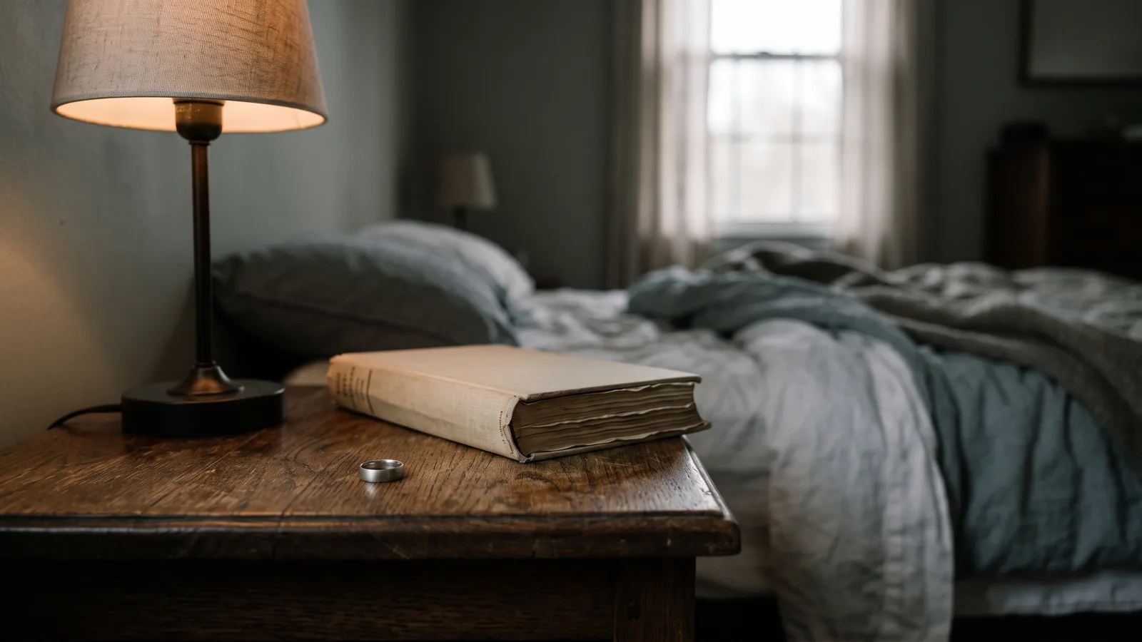 A plain metal ring resting on a wooden nightstand beside a folded book and a small lamp