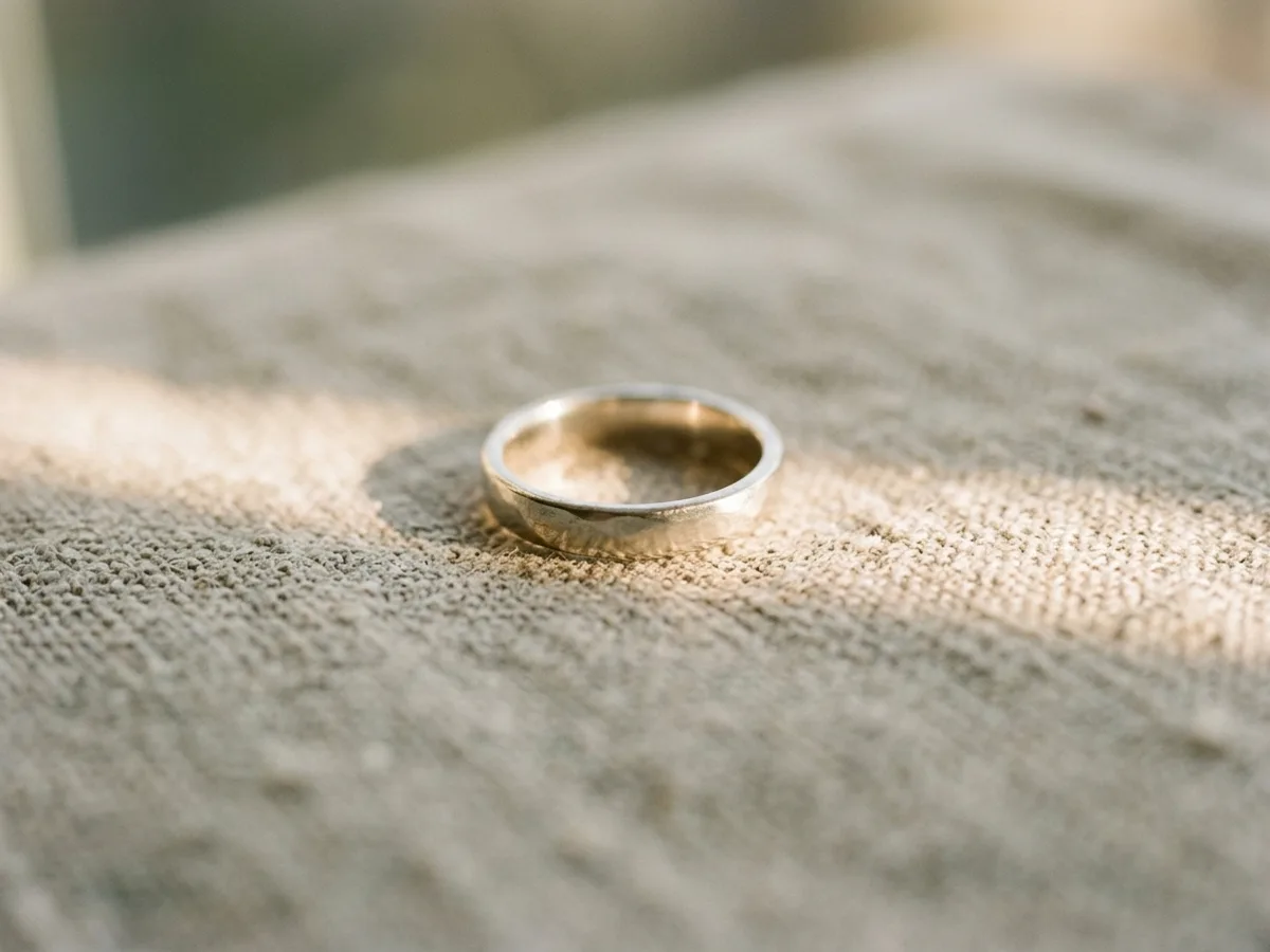 A close view of a metal ring on a linen surface