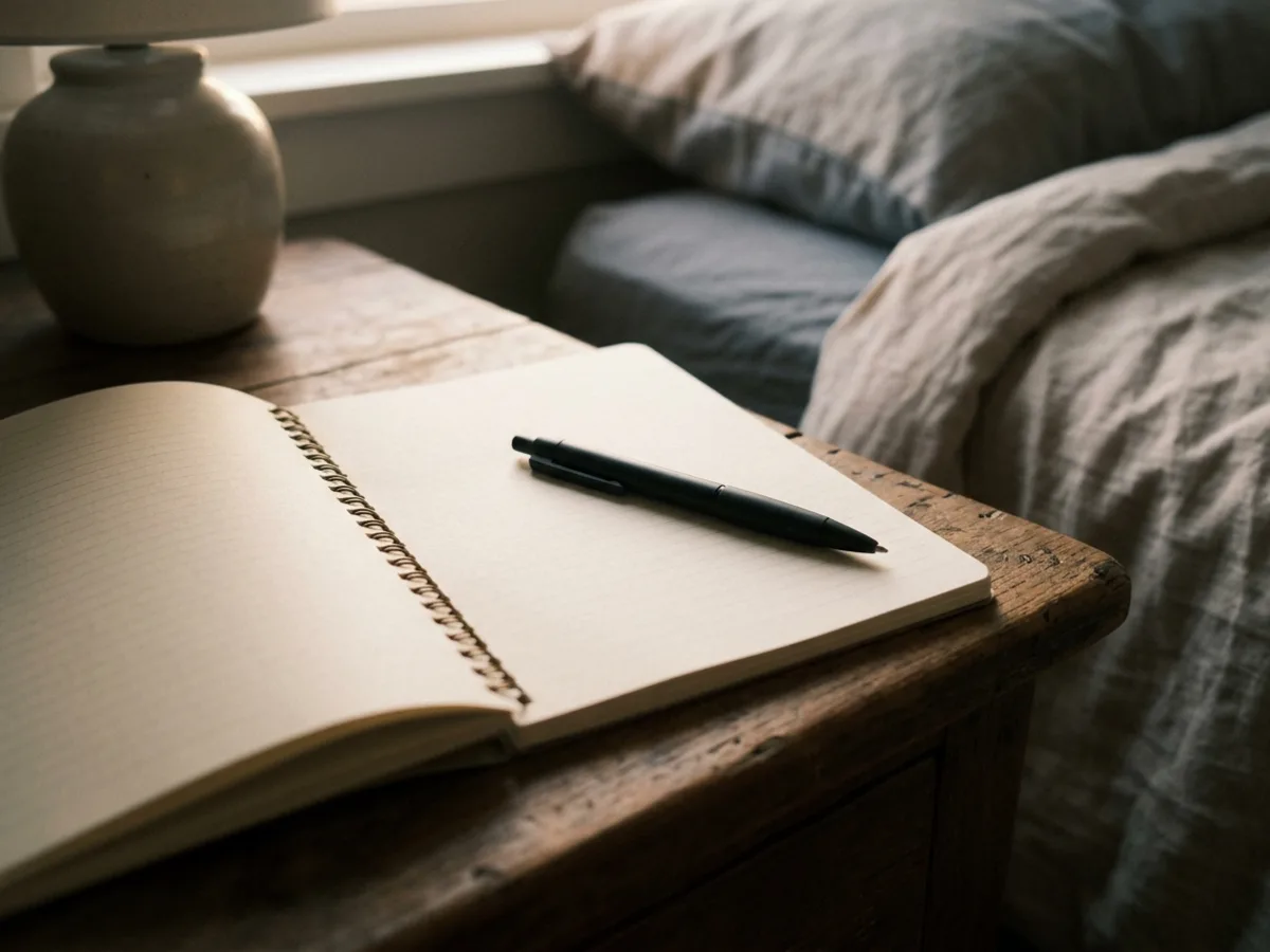 A close view of a blank notebook page and a pen on a bedside table at dawn