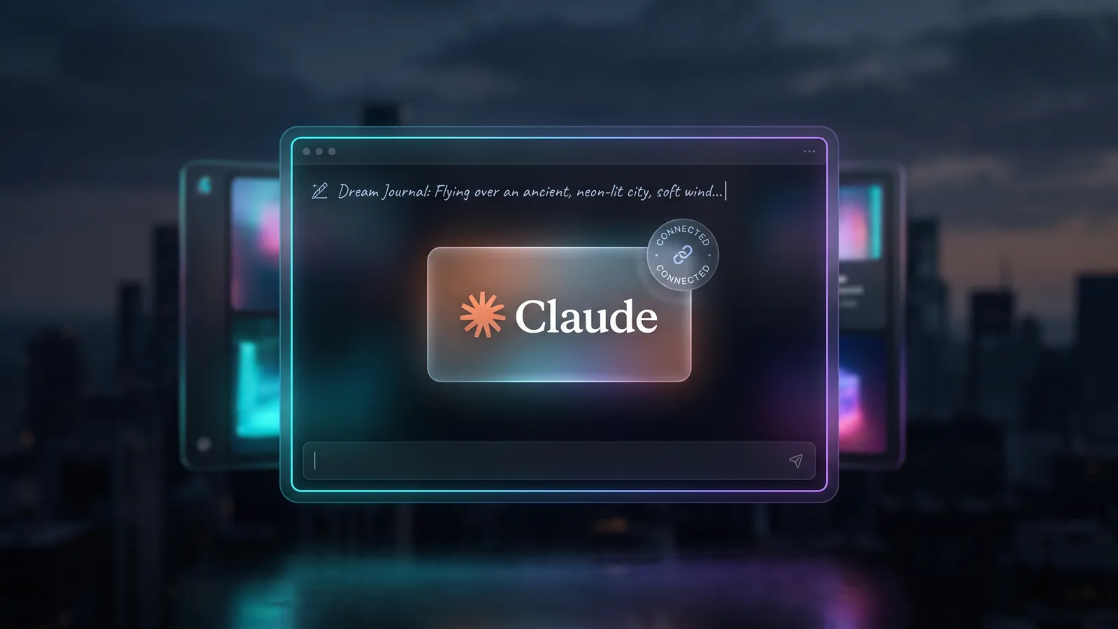 A dark chat window with a Claude connector card marked connected and a dream entry