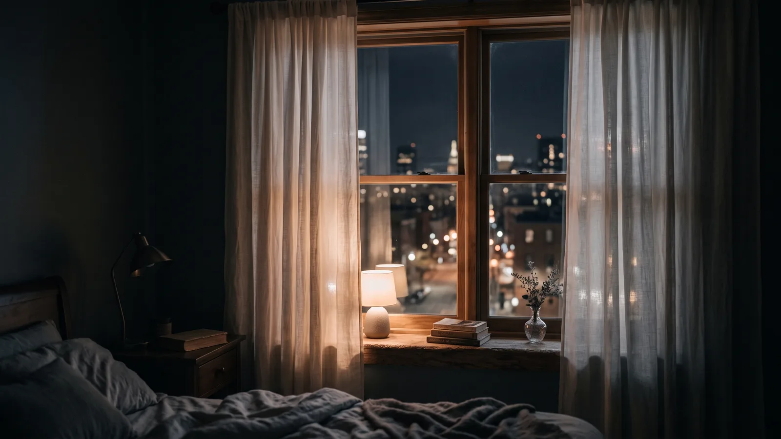 A bedroom window at night with soft curtains and a faint wash of city light behind them