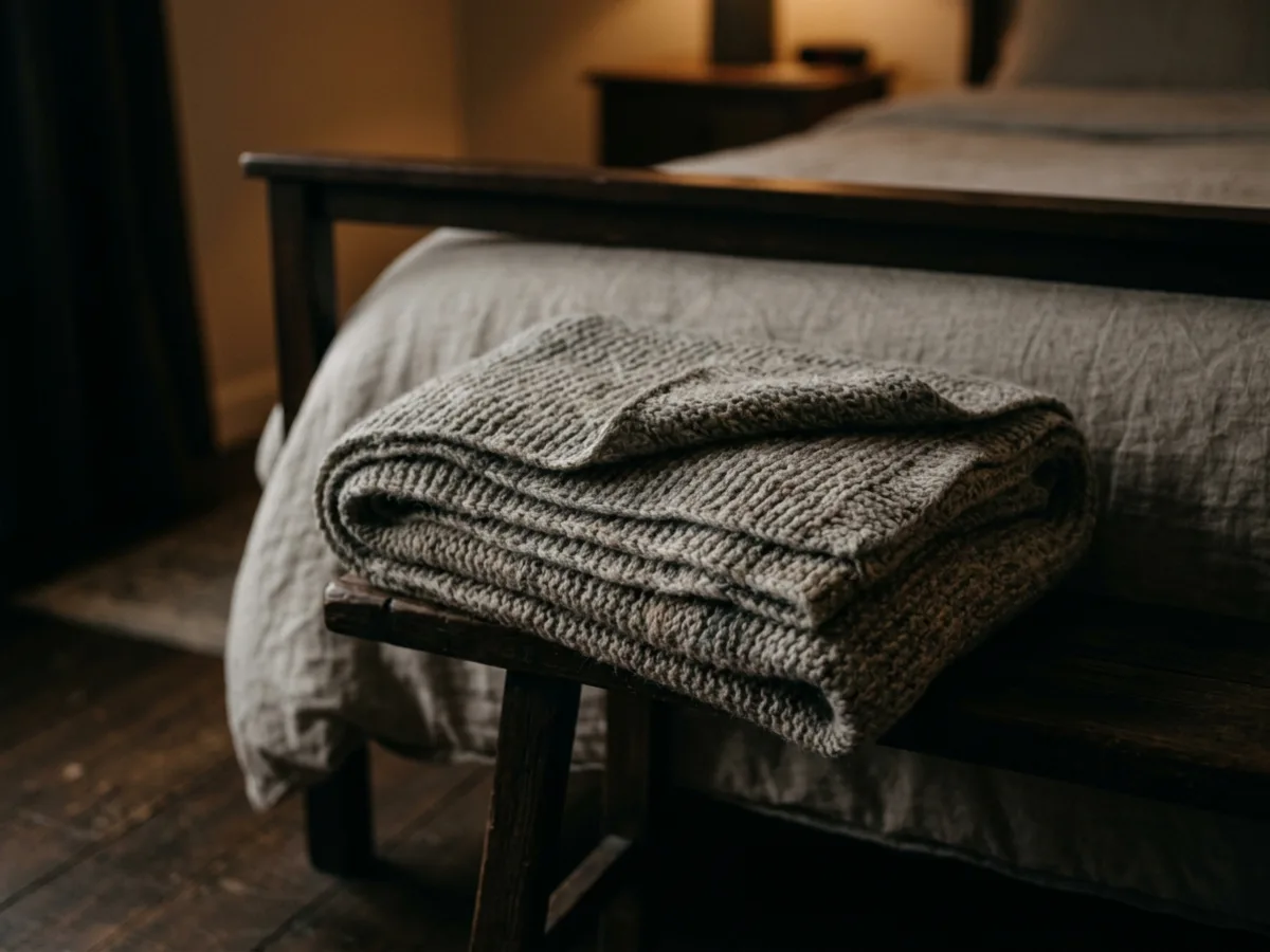 A close view of a folded blanket at the foot of a bed in low warm light