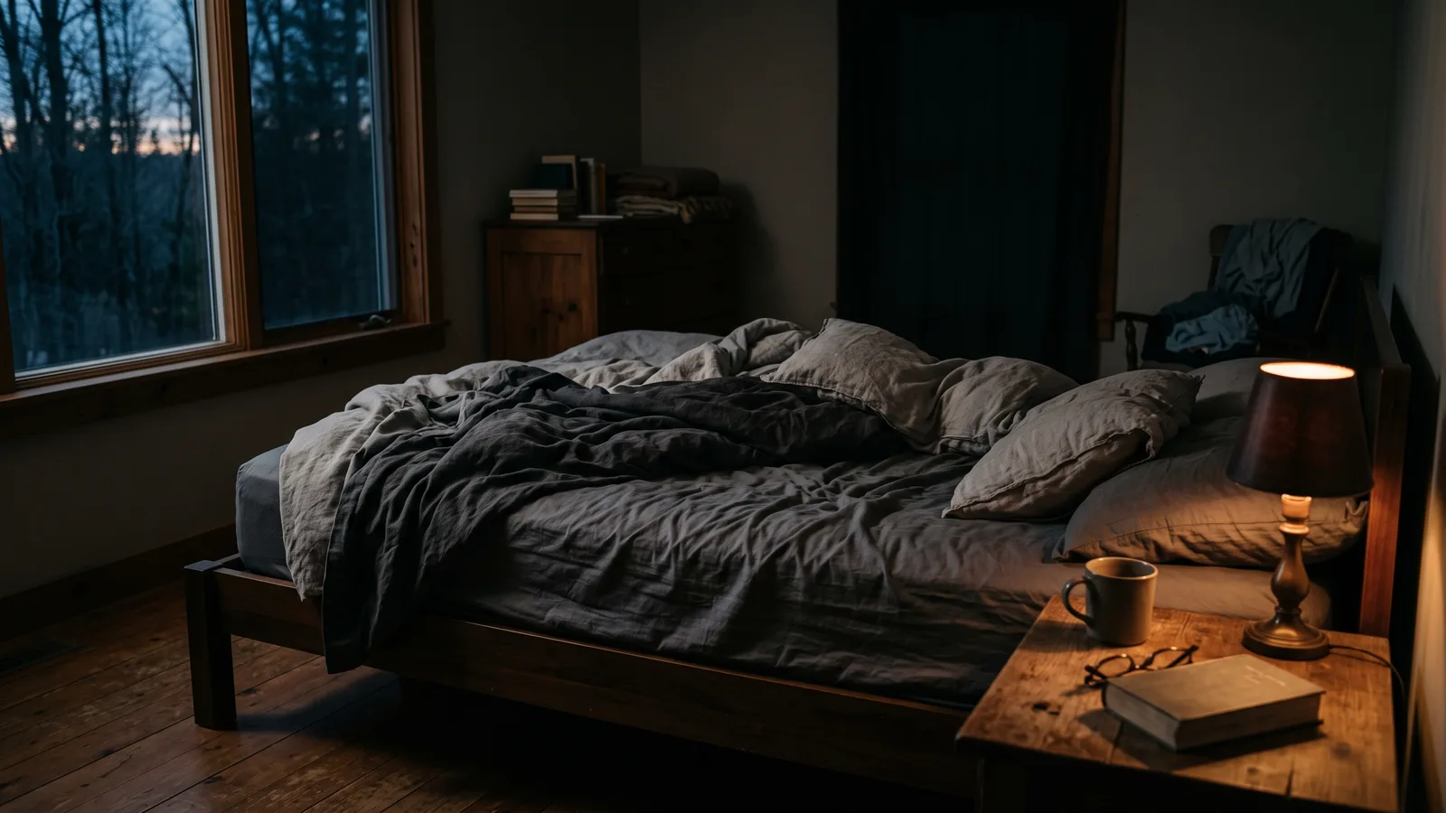 An empty unmade bed in a dark bedroom just before dawn