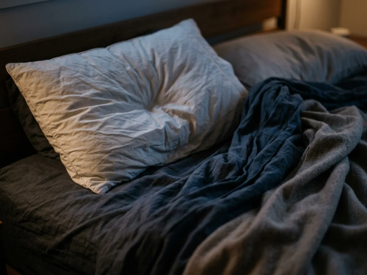 A close view of a crumpled pillow and pulled back sheets in low blue light