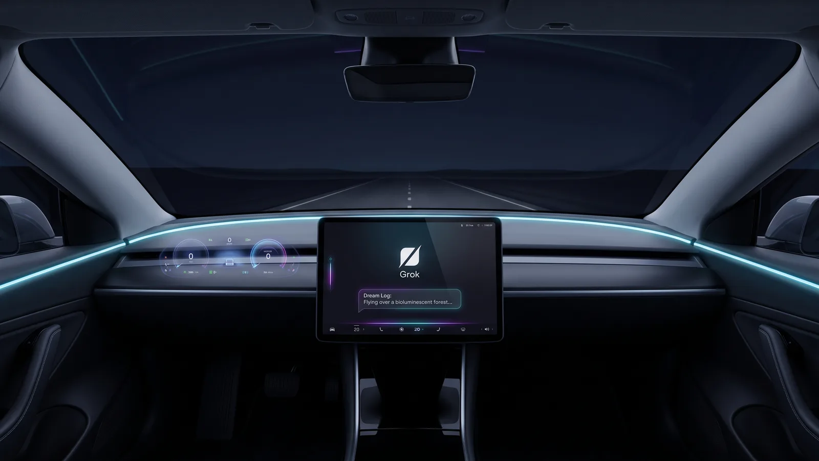 A car center screen at night showing Grok logging a dream, empty road ahead