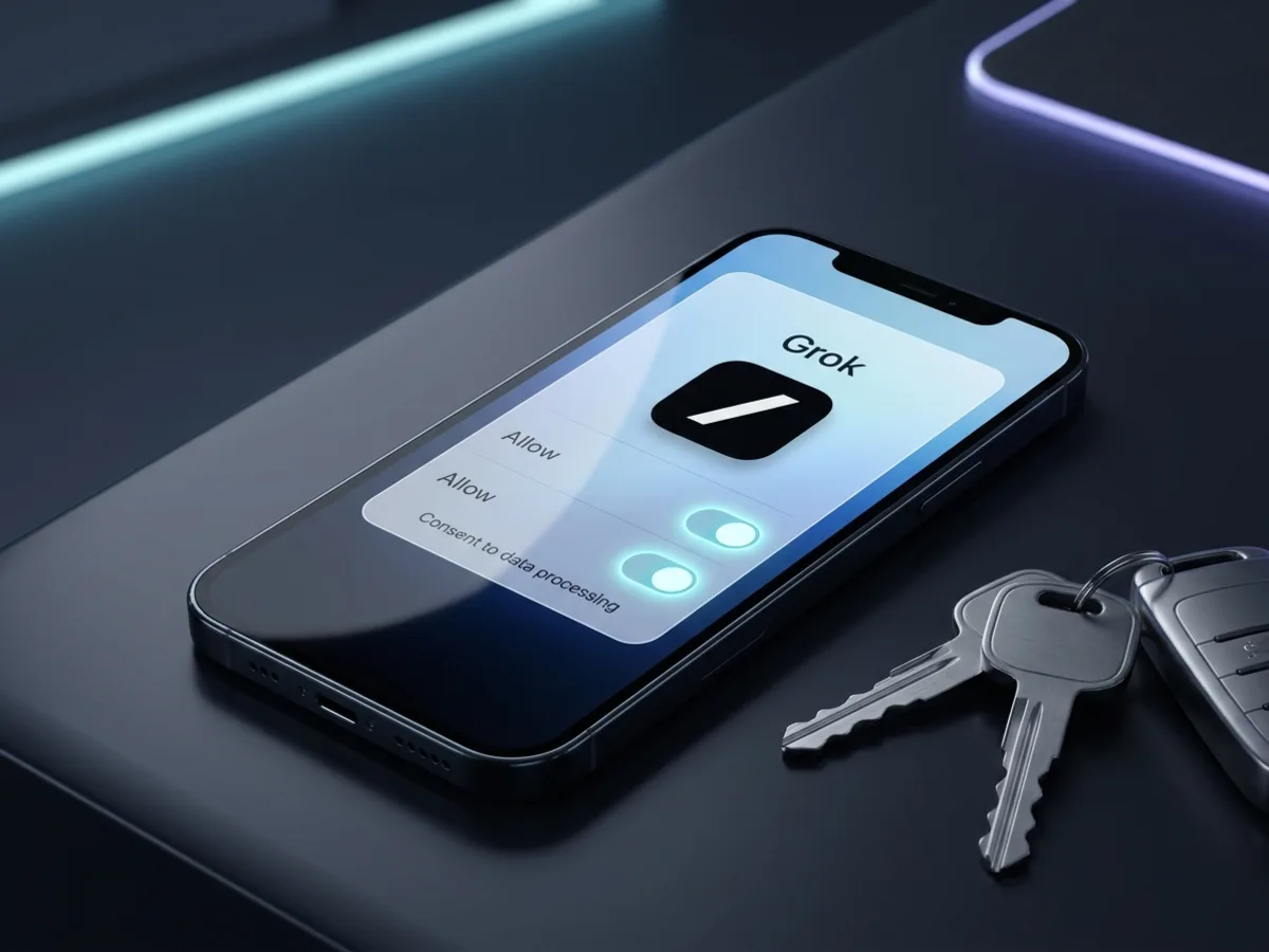 A phone showing the Grok permission sheet with two allow toggles, car keys beside it