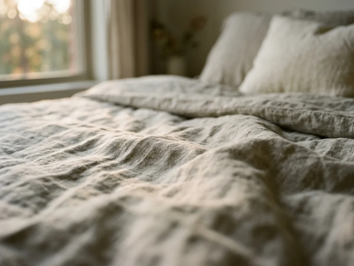 A close view of morning light on a linen bedspread