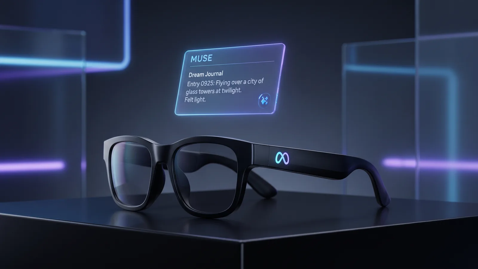 Black smart glasses with the Meta mark on the temple, a floating Muse card above them logging a dream entry