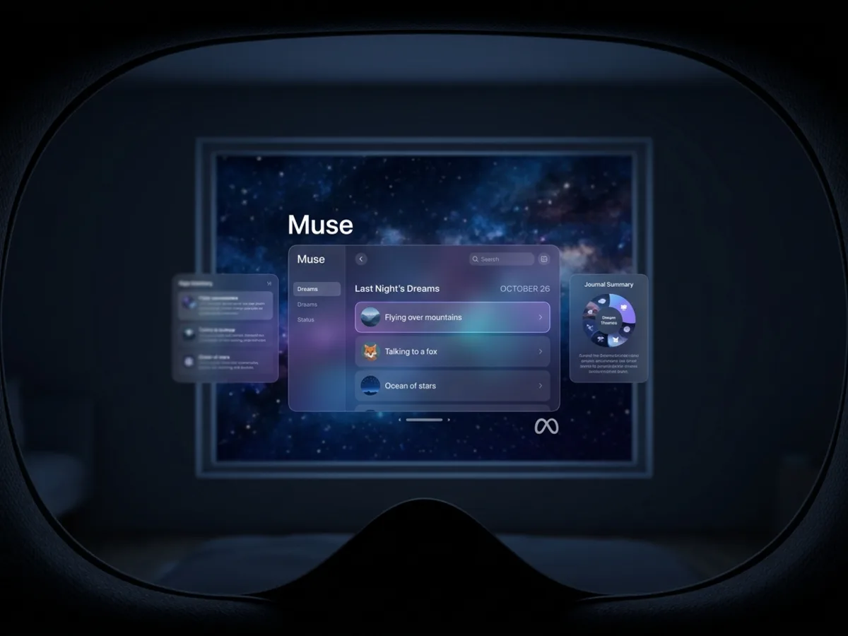 The view inside a headset, a Muse dream journal panel floating over a night sky