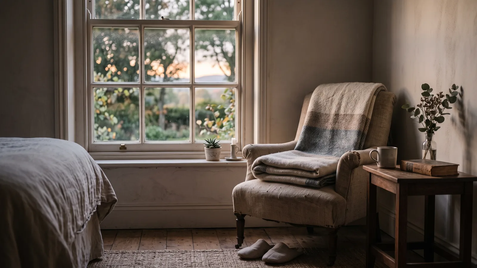 A quiet bedroom window at dawn