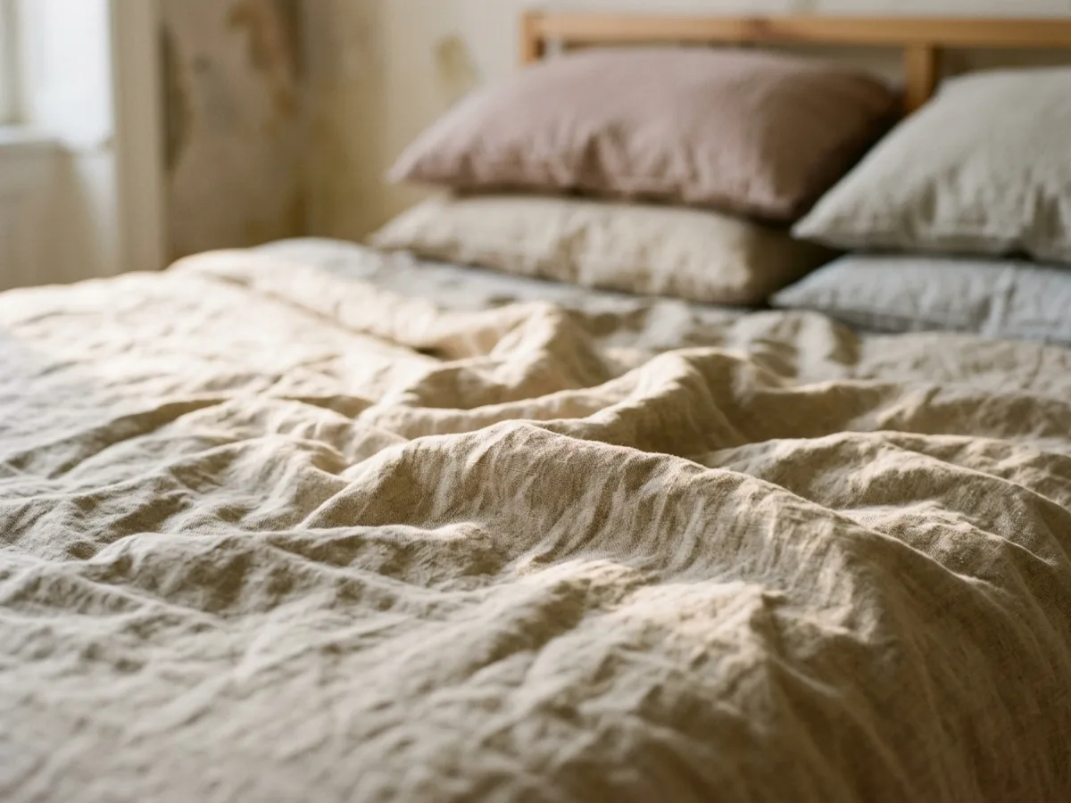 A close view of morning light on a linen bedspread