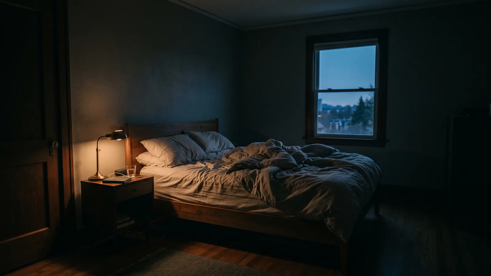 An empty unmade bed in a dark bedroom just before dawn