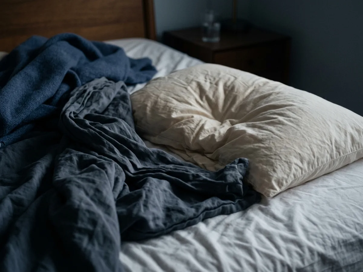A close view of a crumpled pillow and pulled back sheets in low blue light