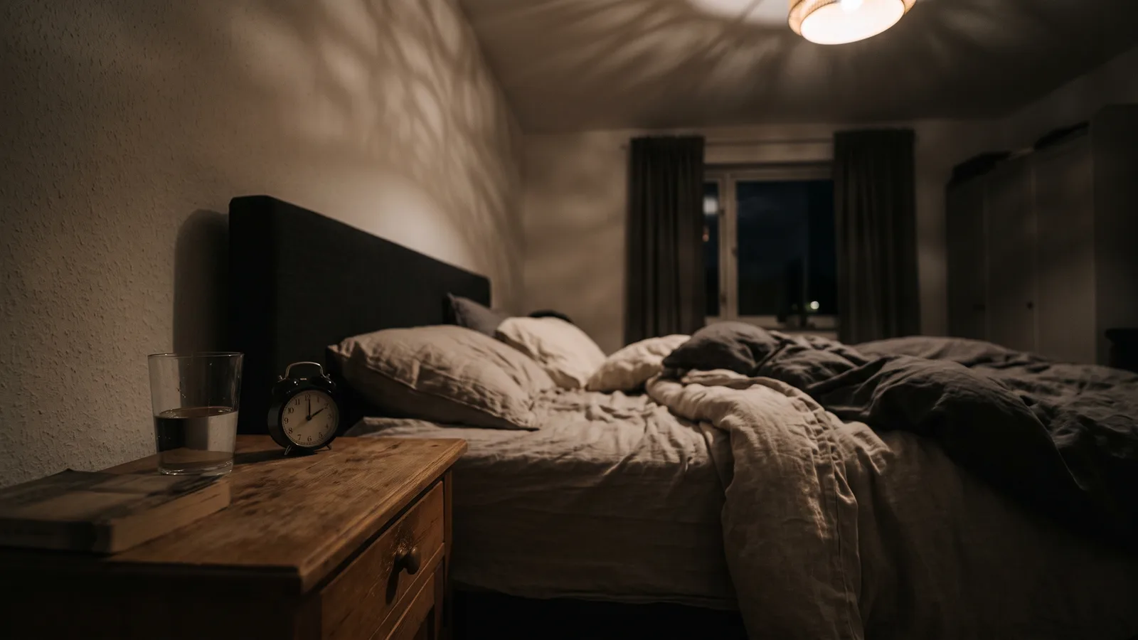 A bedside table at night with a glass of water and a small clock