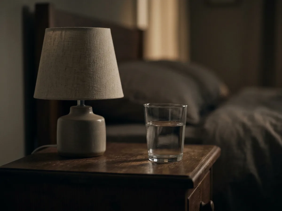 A close view of an empty bedside table at night