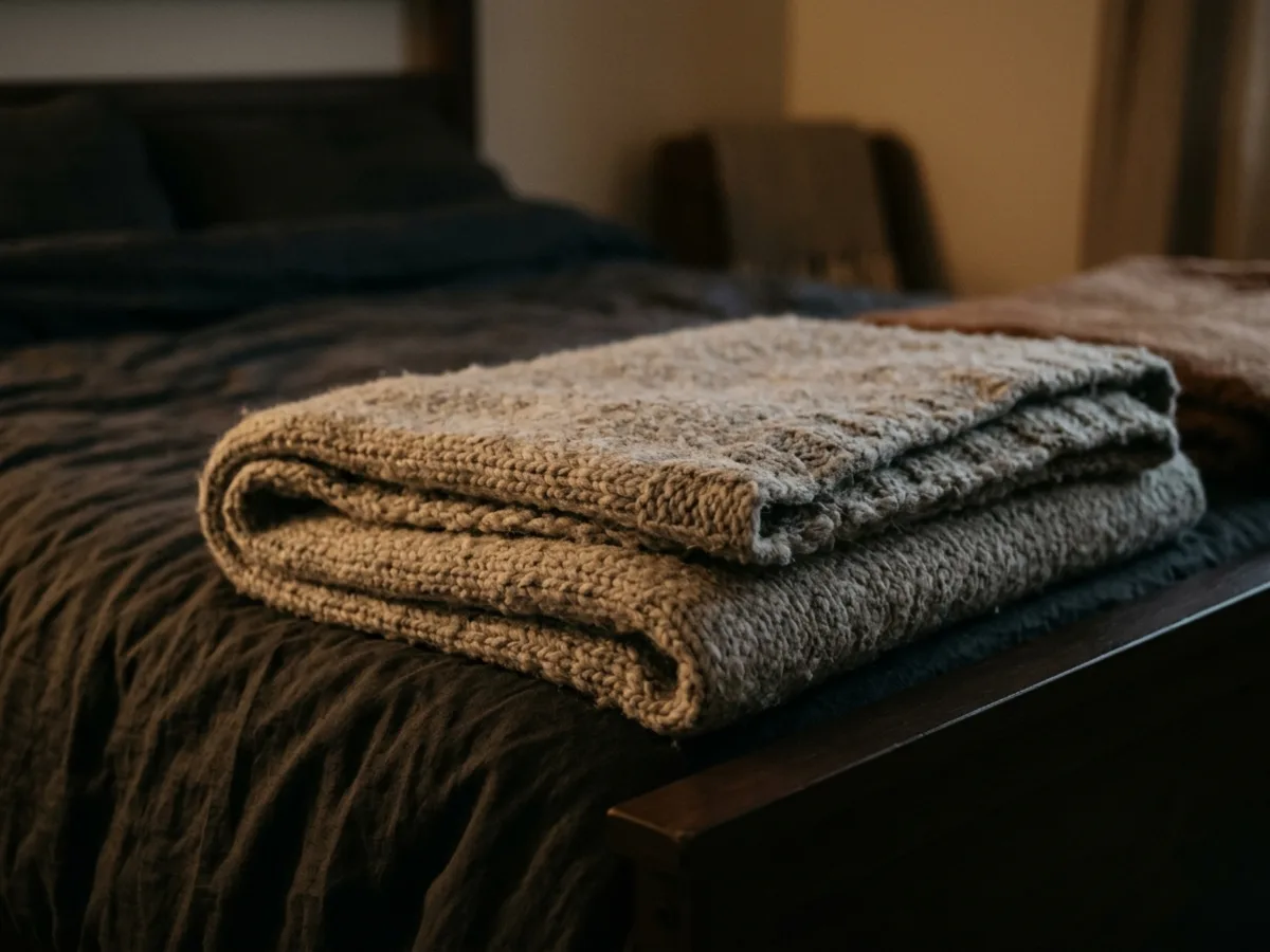 A close view of a folded blanket at the foot of a bed in low warm light