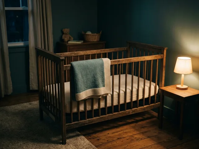 An empty wooden crib in a dim nursery, a knitted blanket over its rail and one warm lamp in the corner.