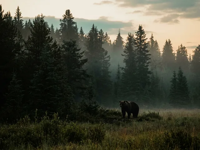 A brown bear standing at the edge of a misty pine forest at dusk, seen from a distance.