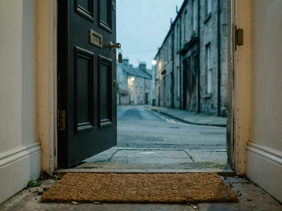 A front door standing open at first light, a key in the lock and a quiet street beyond.