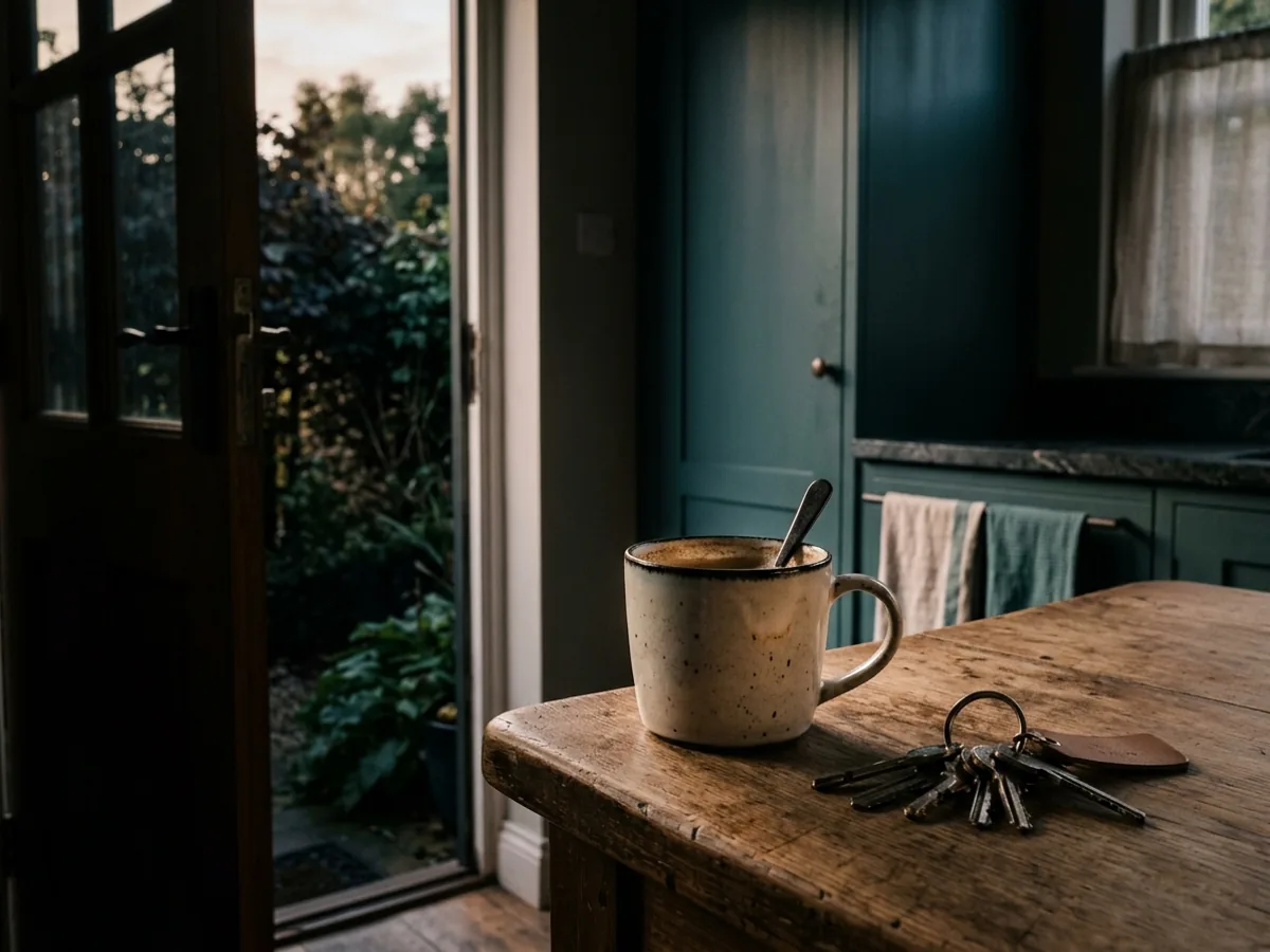 A half finished cup of coffee and a set of keys on a kitchen counter beside an open door.