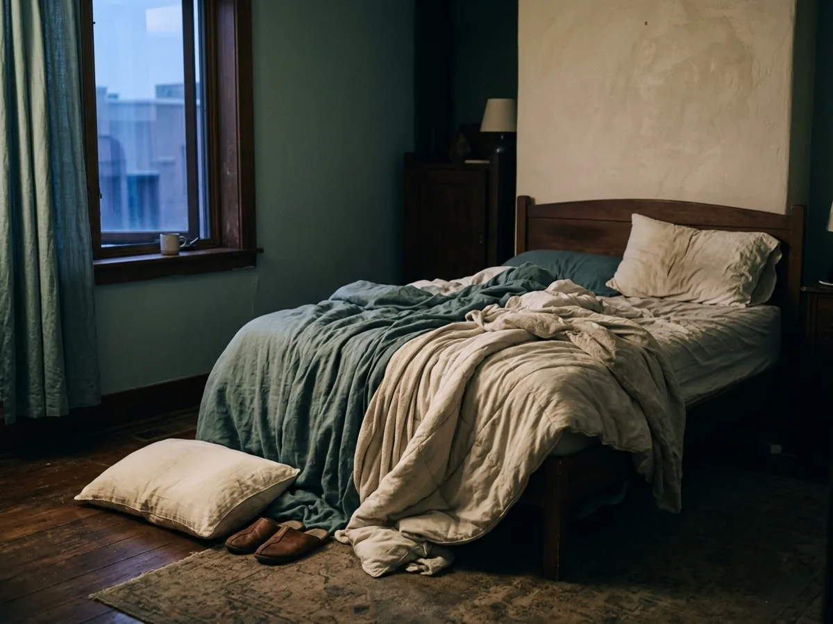 A bed at first light with the covers thrown back and one pillow fallen to the floor.
