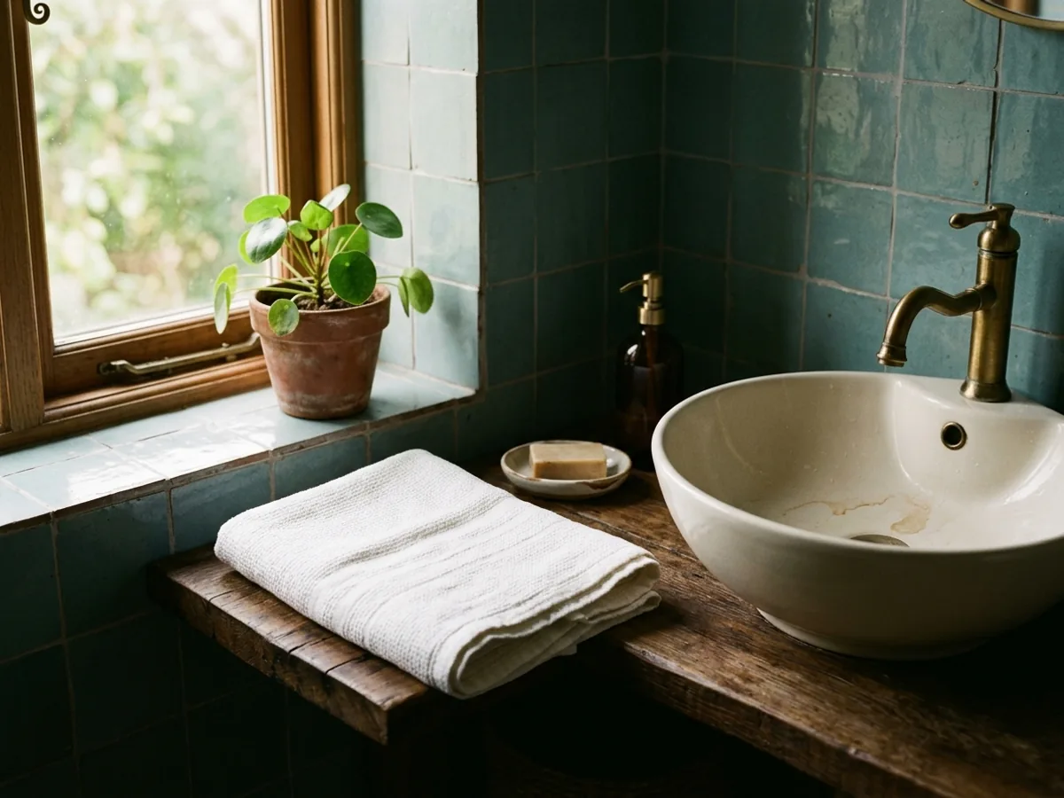 A folded white towel beside a clean basin in soft morning light, a small plant on the sill.