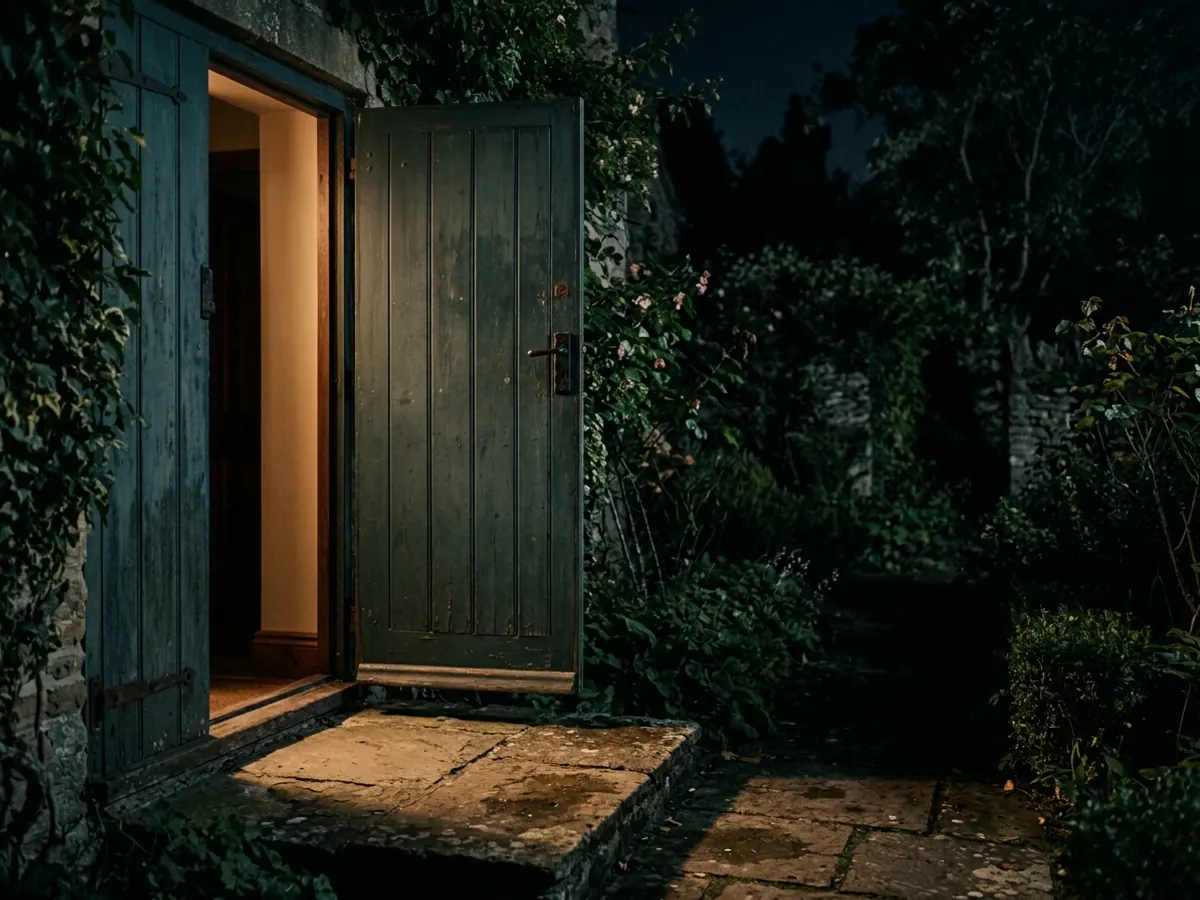 A back door left half open at night, lamp light on the stone step and a dark garden beyond.