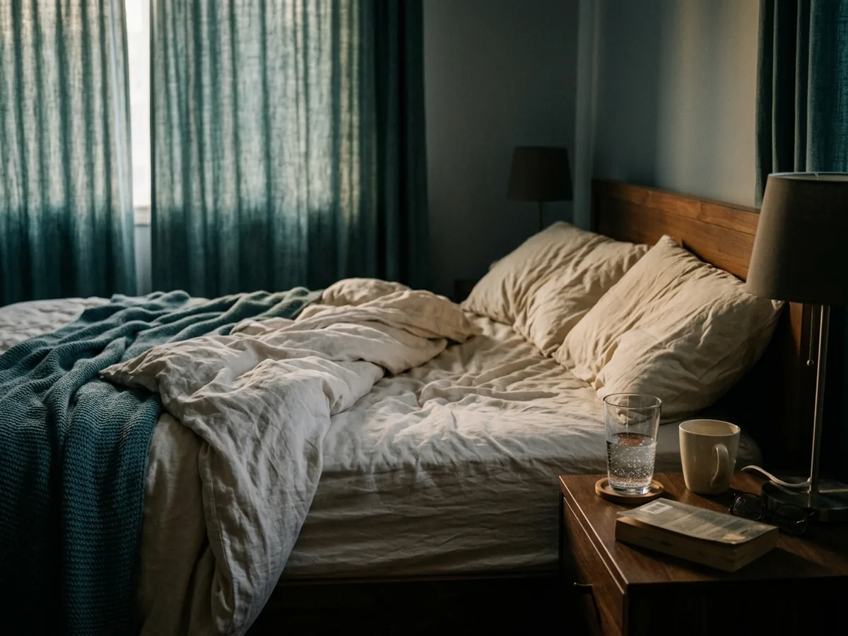 A rumpled bed and a bedside table at first light, the curtains still drawn.