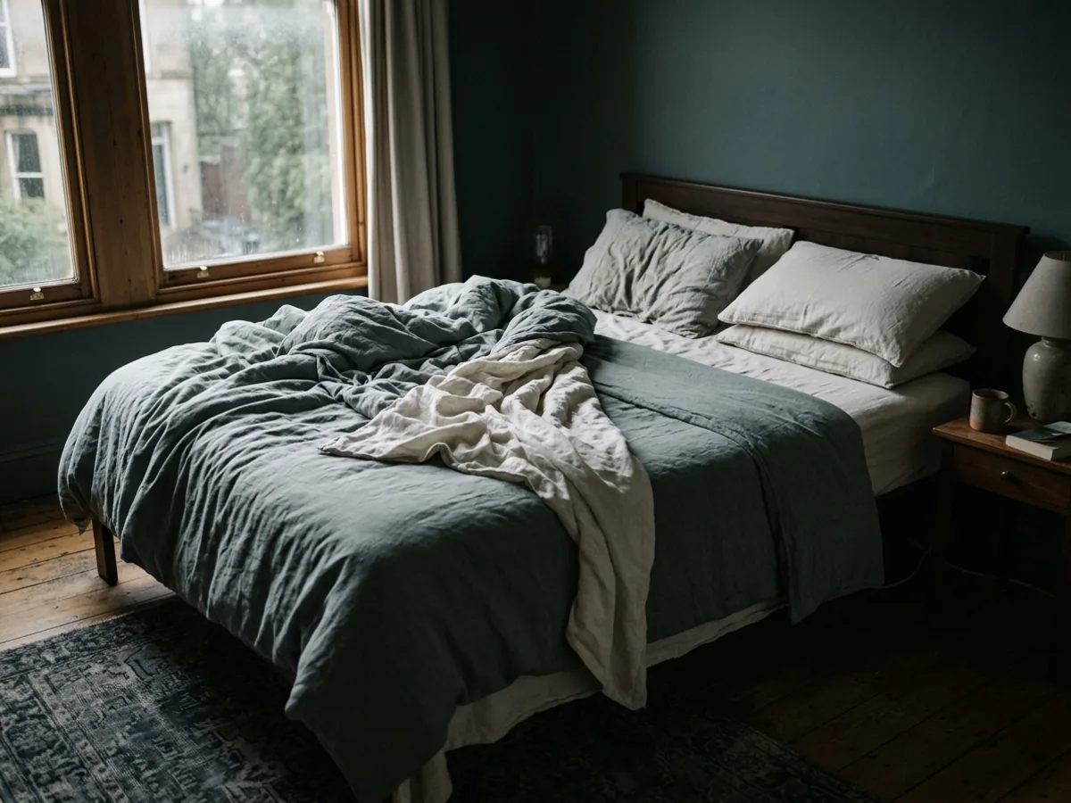 An unmade bed with one side untouched in grey morning light.