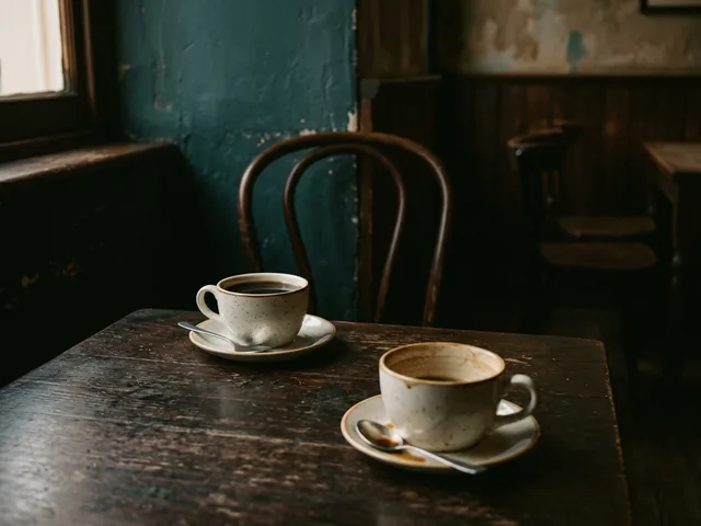 Two coffee cups on a dark table in a dim room, one pushed away and untouched.