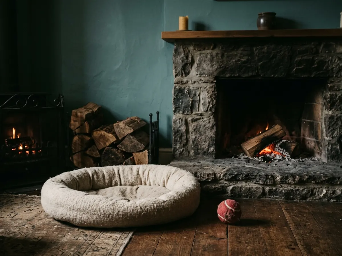An empty dog bed beside a hearth in low evening light, a worn ball on the floor.
