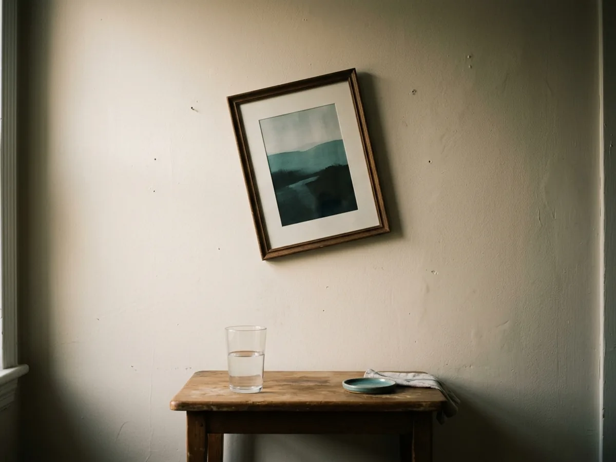 A picture frame hanging crooked above a small table with a glass of water in morning light.
