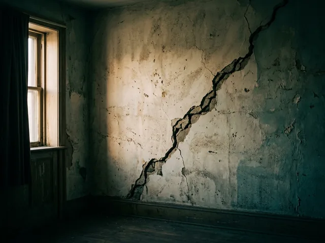 A long jagged crack running across an old plaster wall in a dim room.