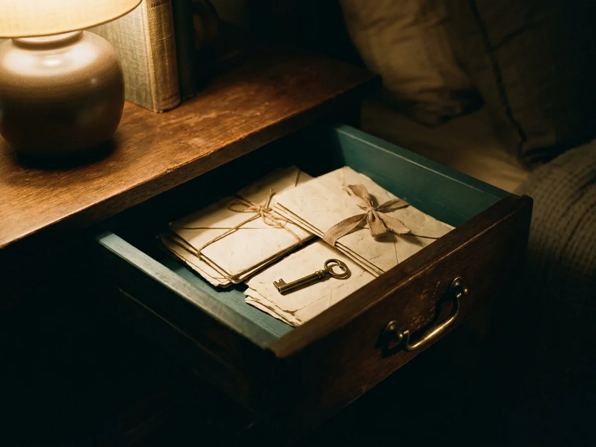 A half open drawer holding folded letters and a small key, lit by a lamp.