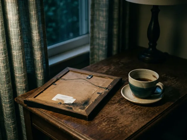 A framed photograph lying face down on a side table beside a cold cup of tea.