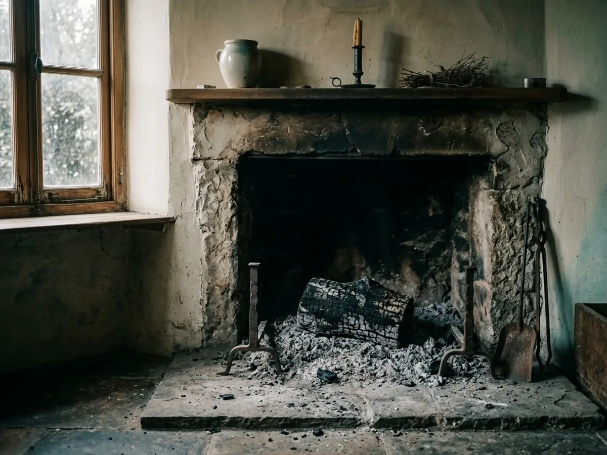 A cold hearth in the morning, grey ash and one charred log under window light.