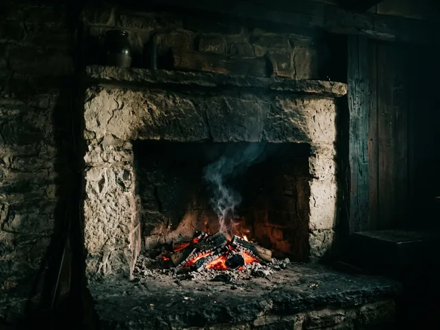 Embers glowing deep in a stone hearth with thin smoke curling up into the dark.