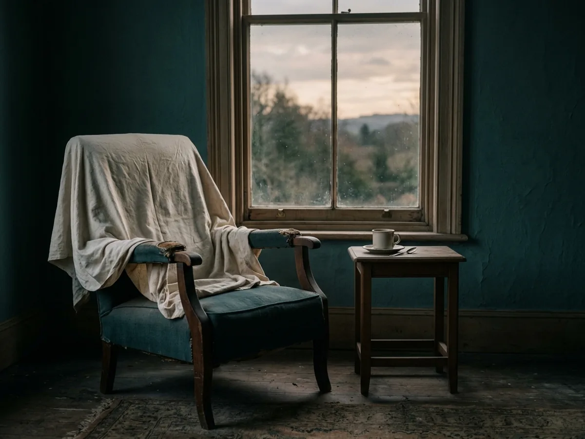 An armchair by a tall window at dawn with a white dust sheet half pulled away.