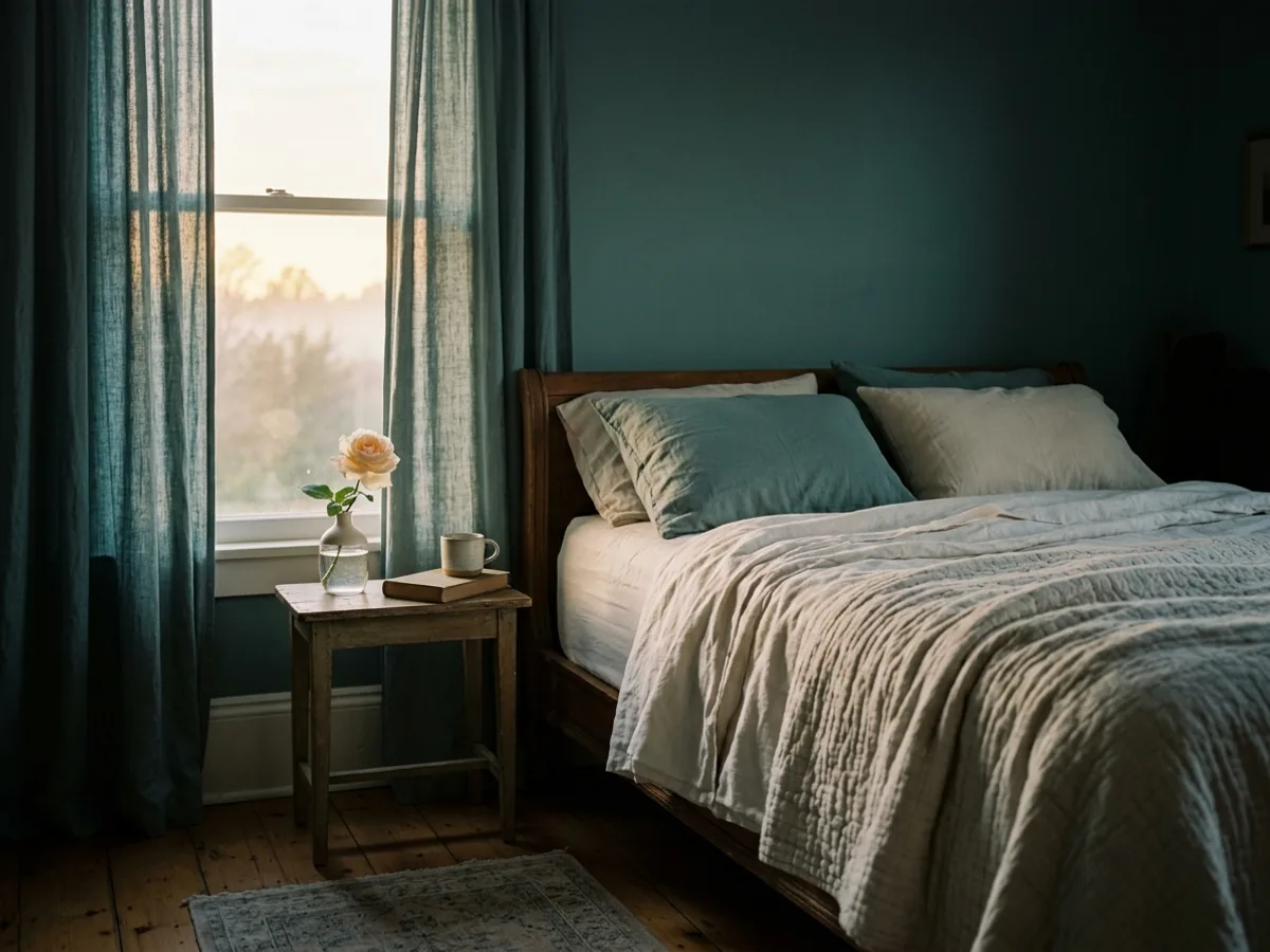 A bedroom at dawn with the curtains open, light across a made bed and one newly opened flower.