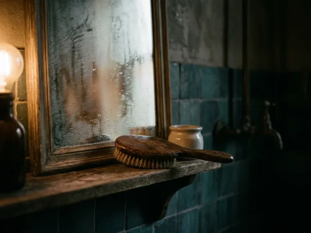 A wooden hairbrush resting on a bathroom shelf beside a fogged mirror.