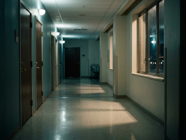 An empty hospital corridor at night, closed doors and soft window light on a polished floor.