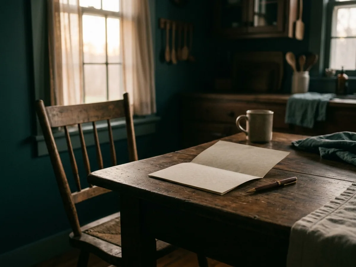 A kitchen table at first light with a folded sheet of paper and a pen, one chair pushed back.