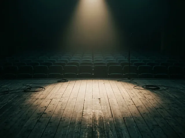 An empty theatre stage of bare boards under a single narrow spotlight.