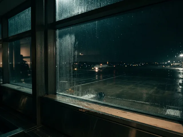 A rain streaked airport window at night with one aircraft taxiing far out on the apron.