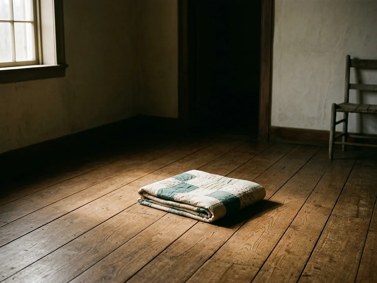 An empty room with morning light on bare floorboards, one folded quilt and a plain chair.