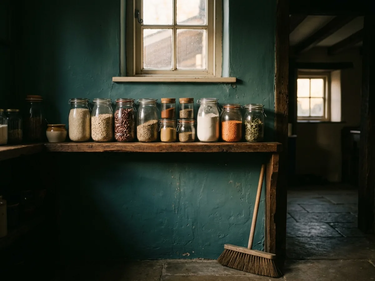 A pantry shelf at dawn with jars neatly closed and a broom leaning against the wall.