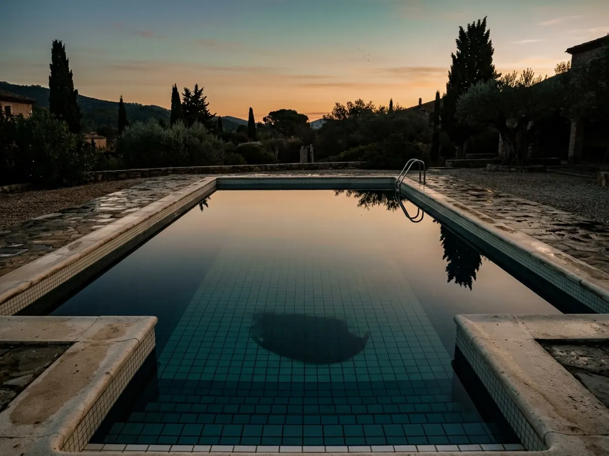 An empty swimming pool at dawn, still water and a faint shadow on the tiled floor of the deep end.