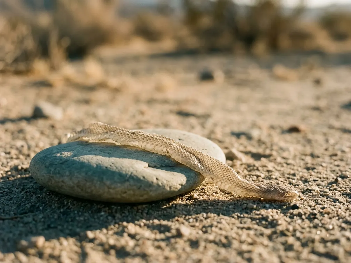 A shed snakeskin draped over a smooth pale stone on dry ground in low sun.