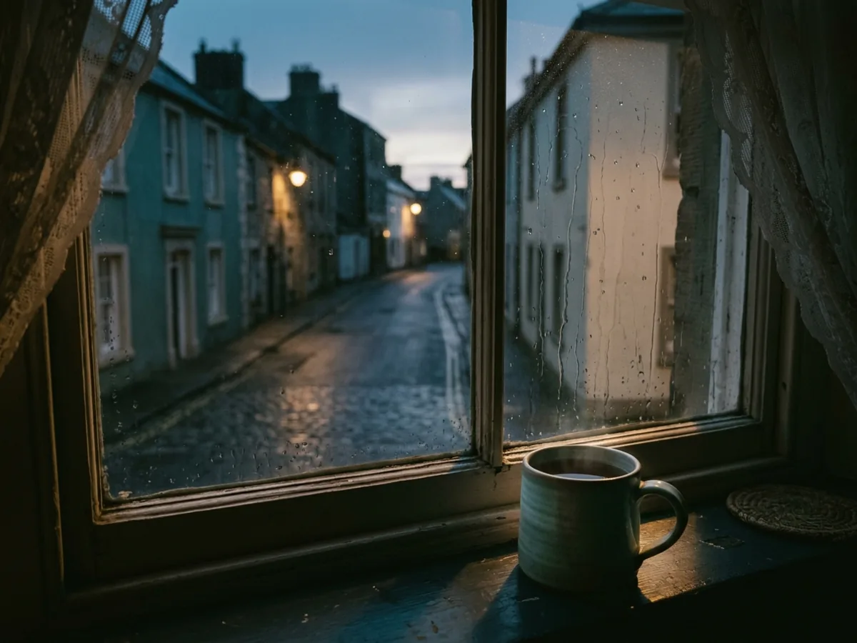 A rain streaked window at first light over a quiet street, a mug of tea cooling on the sill.