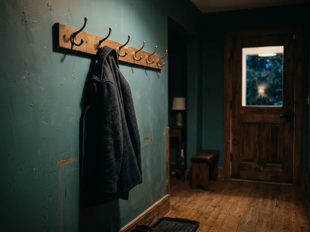A single wool coat on a row of hooks beside a front door in dim evening light.